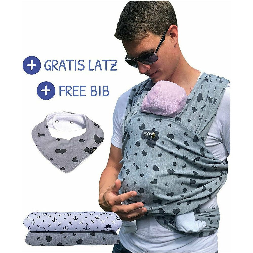 HECKBO Baby Transport Liners & Sacks Babytragetuch grau mit Herzen – inkl. Baby-Lätzchen & Tasche