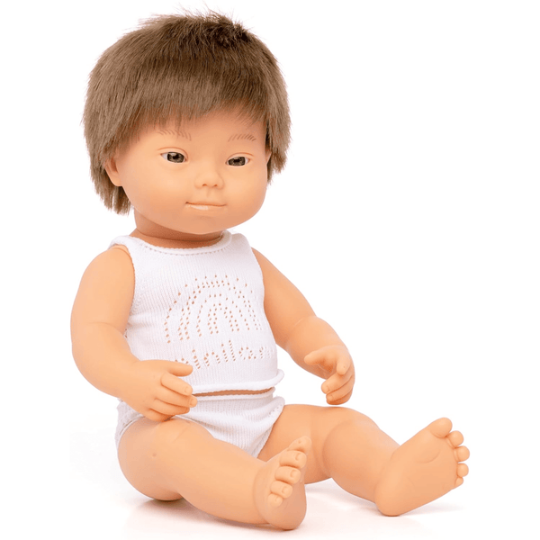 Tan miniland Babypuppe europäischer Junge 38cm mit Down Syndrom